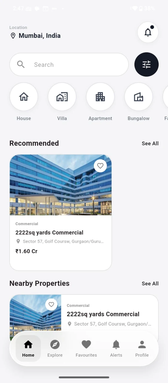 BrokrSuite app property search — location set to Mumbai, a search field, House, Villa, Apartment and Bungalow category filters, and Recommended and Nearby Properties listings.