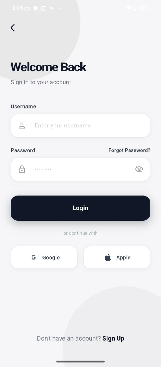 BrokrSuite app sign-in screen — username and password fields, a Login button, and Google and Apple sign-in options.