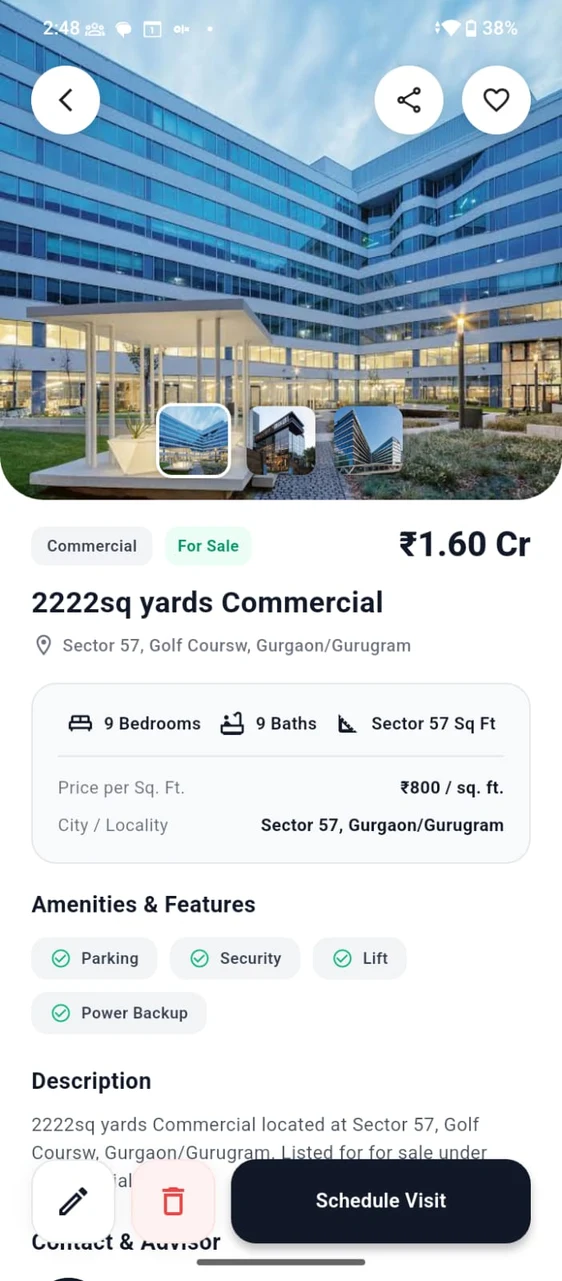 BrokrSuite app property detail screen — a commercial listing at ₹1.60 Cr in Sector 57, Gurugram, with photos, bedroom and bathroom counts, price per square foot, amenities and a Schedule Visit button.